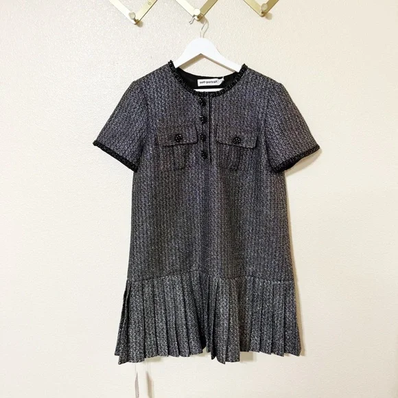 Self Portrait NEW Metallic Boucle Rhinestone Button Pleated Hem Mini Dress US 12 - Picture 9 of 14